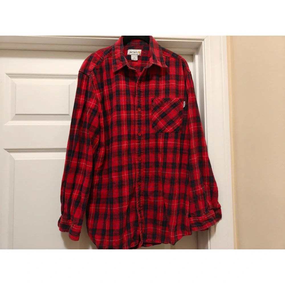 Carhartt Mens Red Black Plaid Flannel Shirt Long Sleeve Regular Fit L S250 CRI